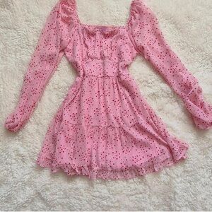 miami Pink Heart Print Long Sleeve Tiered Mini Dress